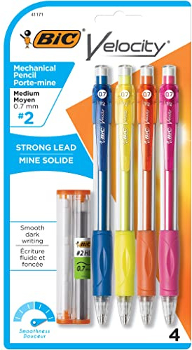 BIC Velocity Mechanical Pencils, With Colorful Barrel, Medium Point (0.7mm), 4-Count Pack Mechanical Pencils With Eraser and Lead Refills