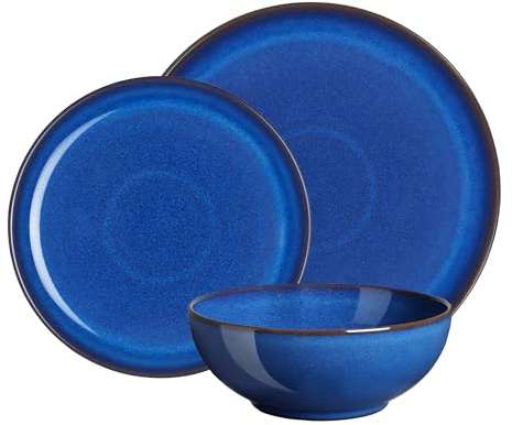 Denby - Imperial Blue Dinner Set For 4 - 12 Piece Coupe Ceramic Tableware Set Royal Blue - Dishwasher Microwave Safe Crockery Set - 4 x Dinner Plate, 4 x Medium Plate, 4 x Cereal Bowl