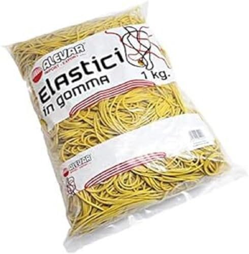 Alevar Elastici in Gomma da Ufficio, Misure Assortite, Spessore 1,5 mm, Colore Giallo, Confezione in Busta da 1 kg
