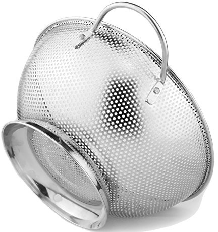 DLD Stainless Steel Micro-Perforated 5-Quart Colander - Professional Strainer with Heavy Duty Handles and Self-draining Solid Ring Base - Dishwasher Safe