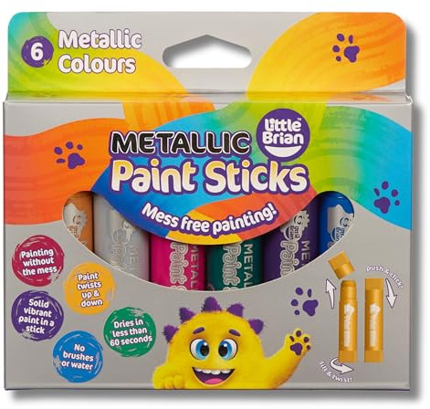 Little Brian Paint Sticks For Kids - 6 Pack Assorted Metallic Colours - Mess-Free, Easy Clean Up, Fast Drying Action, Vibrant Colours, Multi-Surface, Twist & Paint