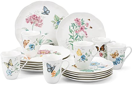 Lenox Dinnerware Set, Butterfly Meadow 18-Piece Set, Service For 6, White Porcelain, Butterfly And Flower Designs, Plates And Bowls Sets, Dishwasher Safe, Home & Kitchen (Assorted, 18 Pieces)