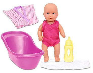 Simba 105033218 - New Born Baby Set, Vollvinylpuppe mit Trink- und Nässfunktion, Bademantel, Handtuch, Flasche und Badewanne, 12cm, ab 3 Jahren