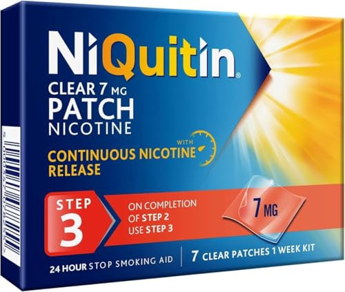 NiQuitin 7mg Nicotine Patches (Step 3-7 Clear Patches) - 24 Hour Craving Control - 1 Week Treatment Patches to Quit Or Reduce - Discreet Transparent Stop Smoking & Vaping Aids