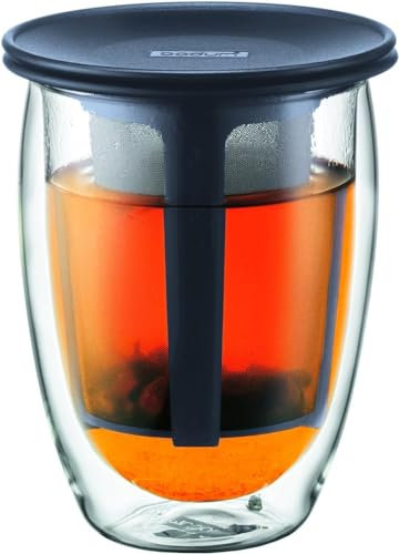 Bodum Tea For One - Tetera Individual, 0,35 l, Vaso térmico de borosilicato, Filtro y Tapa de plástico, Color Negro