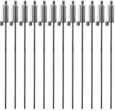 Harbour Housewares Metal Garden Torches - Cylinder - Pack of 12-146cm Silver Garden Torches Lighting Modern Outdoor Lighting Paraffin Oil Lamp Candle Flame Lantern for Parties, Outdoor Events, BBQs