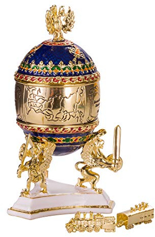 Transsibirisches Eisenbahn Fabergé-Stil Ei/Schmuckkästchen 12,5 cm blau