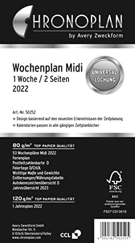 Chronoplan 50252 kalenderinlägg 2022, veckoplanering i midiformat (96 x 172 mm), dagar i rader, ersättningskalendarium, perfekt för detaljerad veckoplanering, universell allochning (1 vecka på 2