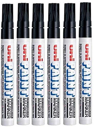 Uni Color PX-20 Marker für Ölfarbe, mittelgroß, 2,2–2,8 mm, Schwarz, für Metall, Glas, Holz, Kunststoff, Stein, Außenbereich, 6 Stück