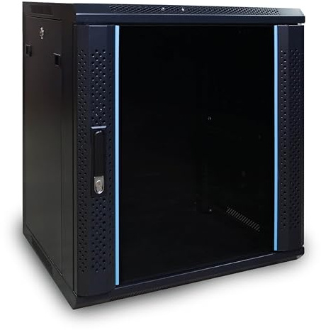 DSIT 12HE Netzwerkschrank (Serverschrank) 19 Zoll Wandmontage Glastür - (BxTxH) 600x600x635mm - Schwarz