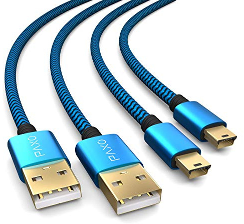 PAXO 2 x 4m Ladekabel für PS3 Controller, USB auf Mini USB Kabel lang, geflochtene Kabel (braided), vergoldet, blau/schwarz