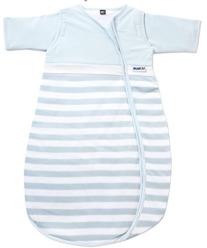 Gesslein 774138 Bubou Babyschlafsack mit abnehmbaren Ärmeln: Temperaturregulierender Ganzjahreschlafsack, Baby/Kinder Größe 130 cm, hellblau/weiß gestreift