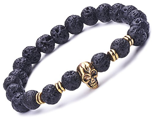 Unendlich U Pulsera con Diseño de Calavera Dorado Pulsera para Mujer Hombre con Perlas de 9mm de Piedra de Lava Uniones de Aleación Elástica para Terapia Yoga Meditación Color Negro