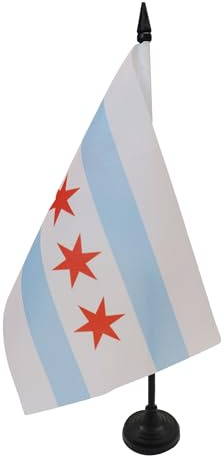 AZ FLAG Drapeau de Table Chicago 21x14 cm Polyester 100D Socle Plastique | Usage intérieur Drapeau de bureau de l'état américain de Chicago finition cousue et bords renforcés