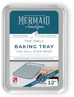 Mermaid 12 Silver Anodised Baking Tray – Non Toxic Professional Heavy Duty Aluminium Oven Tray, Naturally Non Stick Baking Sheet, Silver Anodised Bakeware - Made in England By Samuel Groves