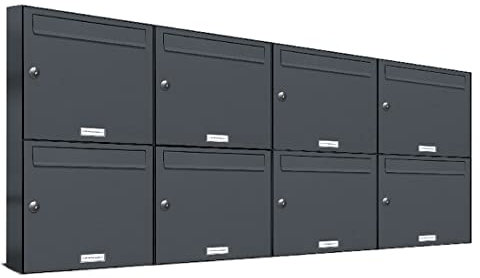 AL Briefkastensysteme 8er Briefkastenanlage Anthrazit Grau RAL 7016, Premium Briefkasten DIN A4, 8 Fach Postkasten modern Aufputz