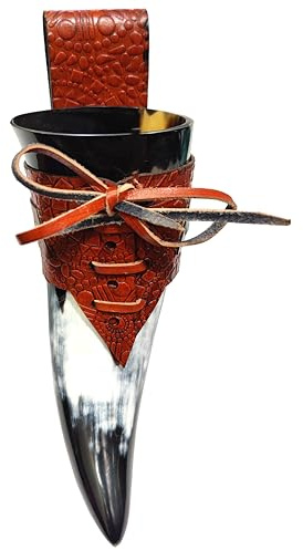Viking Drinking short Horn with Leather Holster Authentic & Food Safe Cup – No Leaks – Norse Drinking Beer Mug with 8-10oz Capacity Best Choice of Vikings Theme & Fans