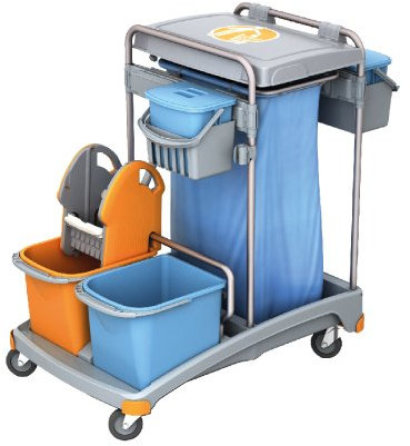 Splast Reinigungswagen mit Abfallsackhalter mit Deckel, Moppresse und 3 Eimern