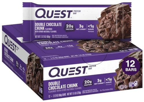 Quest Nutrition Double Chocolate Chunk Protein Bars, 20g Protein Bars, 1g Sugar, 4g Net Carb, Gluten Free, Keto Friendly, 12 Count