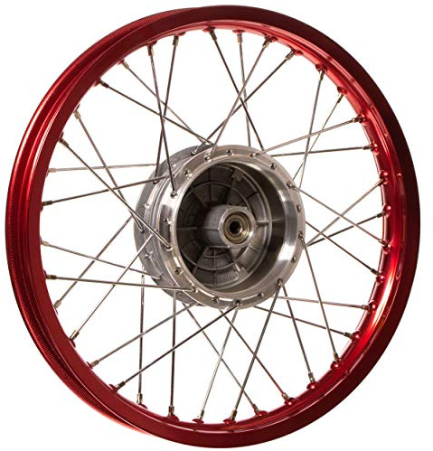 Speichenrad 1,60x16 Zoll Alufelge, rot eloxiert und poliert + Chromspeichen (Radnabe: Graugussbremsring, abgedrehte Flanken)