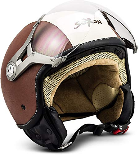 Soxon® SP-325 „Vintage“ · Jet-Helm · Motorrad-Helm Roller-Helm Scooter-Helm Moped Mofa-Helm Chopper Retro Vespa Vintage Pilot Biker Helmet · ECE 22.05 Visier Schnellverschluss Tasche XL (61-62cm)