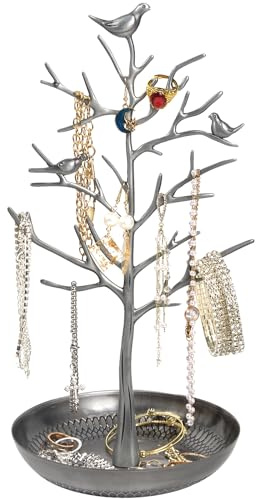 ChezMax Jewelry Display Necklace Earring Organizer Holder Metal Birds Tree Stand with Tray Antique Bracelet Rings Rack Tower Decoration for Women Girl silver 11.8 Inch
