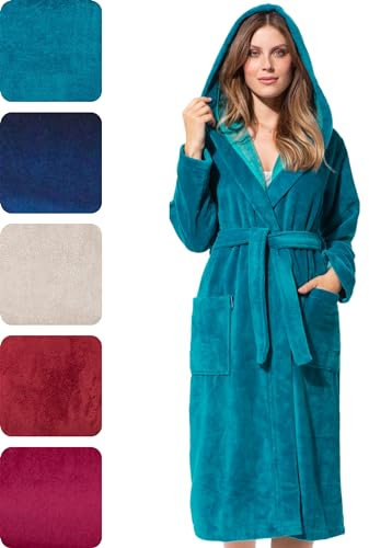 Morgenstern Damen Bademantel mit Kapuze in Pertrol Lang, Türkis, Large