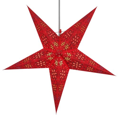 Faltbarer Advents Papierstern, 60 cm, hochwertig, Anubis rot | Handgefertigter Papierstern mit Silberbronze, stimmungsvolle Deko, TÜV geprüft, einfache Montage.