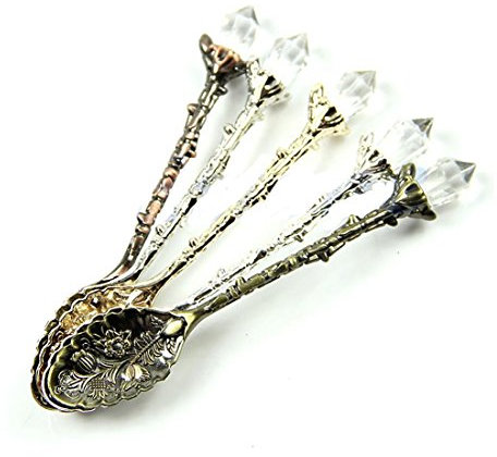 Yalulu 5 Pcs/Set Alloy Vintage Royal Style Crystal Flower Design Small Coffee Tea Spoon Kitchen Dining Bar Tools