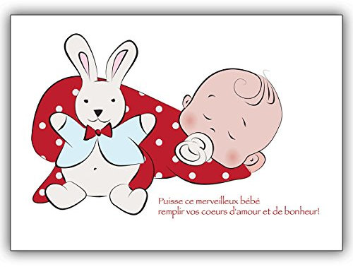 Kartenkaufrausch 4er Set mit Umschlag: französische Babykartemit schlafendem Baby und Stoffhasen: Félicitations! ... • schöne Willkommens Grußkarte, Geschenk-karte zur Geburt für Mutter und Kind