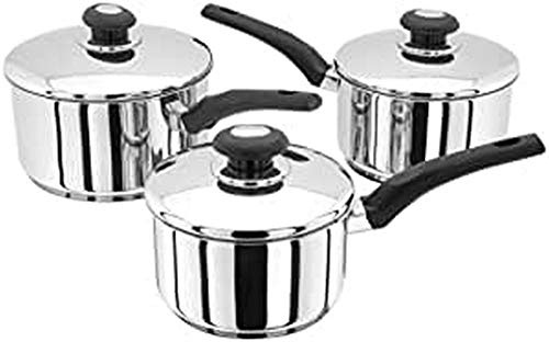 Judge Essential 3-Piece Set of Stainless Steel Pans with Lids, Induction Ready, Dishwasher Safe - 10 Year Guarantee, Silver