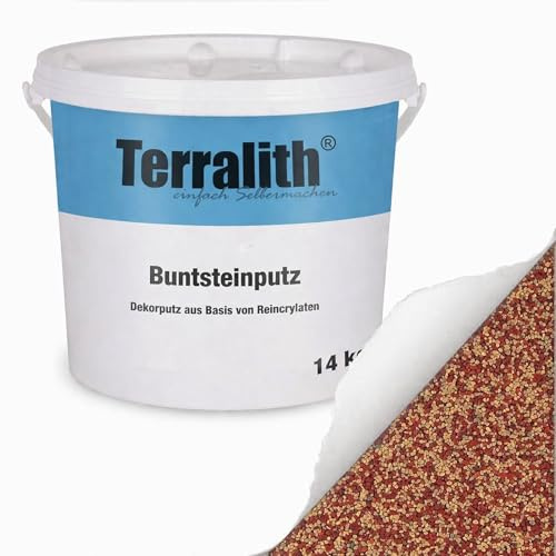 Terralith Buntsteinputz 14kg in gelbbraun-rot, Sockelputz für Innen und Außen mit Reinacrylat Bindemittel aus Naturstein, 1-2mm Körnung (BSP09)