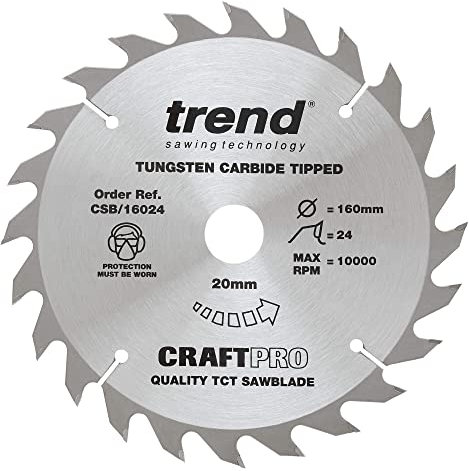 Trend Holz Kreissägeblatt, 160mm Durchmesser, 20mm Bohrung, 24 Zähne, HW, 2,4mm Schnittbreite, +15° Haken, CSB/16024