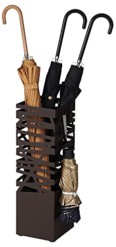 SONGMICS Umbrella Stand, Umbrella Holder for Entryway, with a Detachable Water Drip Tray, 4 Hooks, Steel Square Organizer Freestanding, for Canes Walking Sticks, Brown ULUC47Z