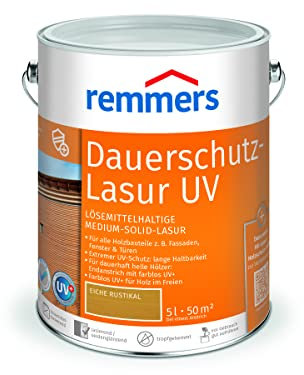 Remmers Dauerschutz-Lasur UV eiche rustikal, 5 Liter, Dekorative Medium-Solid-Lasur für Außen, auch für helle Farbtöne und farblos UV+, wetterbeständig