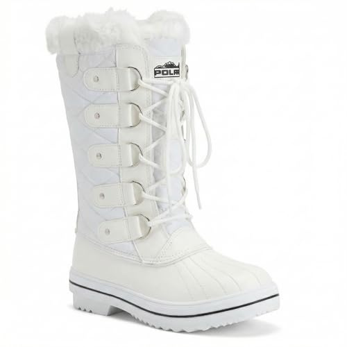 POLAR Womens Snow Boot Nylon Tall Winter Fur Lined Snow Warm Waterproof Rain Boot - White - 9-40 - CD0026