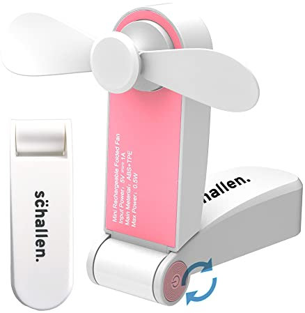 Schallen Portable Mini Folding Pocket Fan - USB Rechargeable Electric Desk Fan for Home, Office, Travel, Camping (White and Pink)