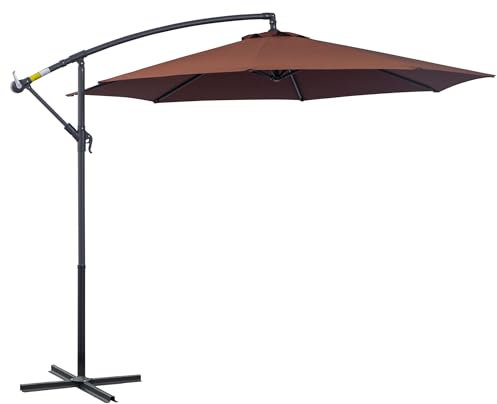 Outsunny 3(m) Garden Banana Parasol Hanging Cantilever Umbrella with Crank Handle and Cross Base for Outdoor, Sun Shade, Coffee
