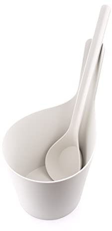 Rento - Saunakübel mit Schöpfkelle, Saunakelle, Aufgusskelle - Farbe: Weiß, Silber - Bambusfaser - 2 teiliges Set