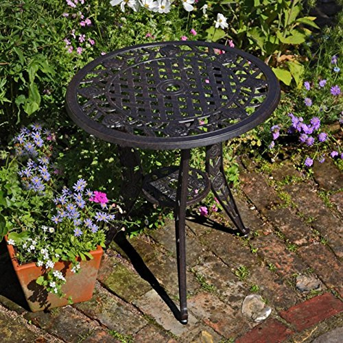 Lazy Susan | Rose-Bistro-Tisch aus Aluguss mit 2 Stühlen | Garten-Set | Antik-Bronze | Wetterfest | 3 Jahre Garantie | (Rose Stühle, Beige Kissen)