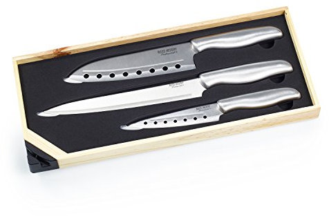 Ross Henery Professional 3 Piece Santoku Chef’s Knife Set in Wooden Gift Box with Built in Sharpener (Silver Handles)