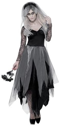 Graveyard Bride Costume, Black, with Dress & Rose Veil, (M)