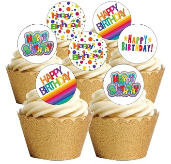 24 Precut Bright Happy Birthday Edible Cupcake Toppers Decorations