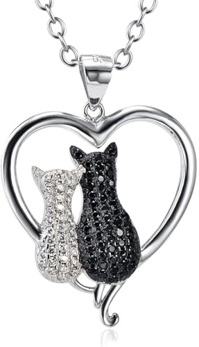 YAFEINI Katthalsband sterling silver djur katter hjärta hänge halsband smycken gåvor för kvinnor mamma dotter, Sterlingsilver, Kubisk zirkonia