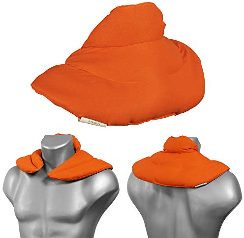 Cojín cervical térmico con cuello. naranja. Almohada térmica cervical con semillas de grosella. Saco caliente y frio con semillas. Cojín de nuca