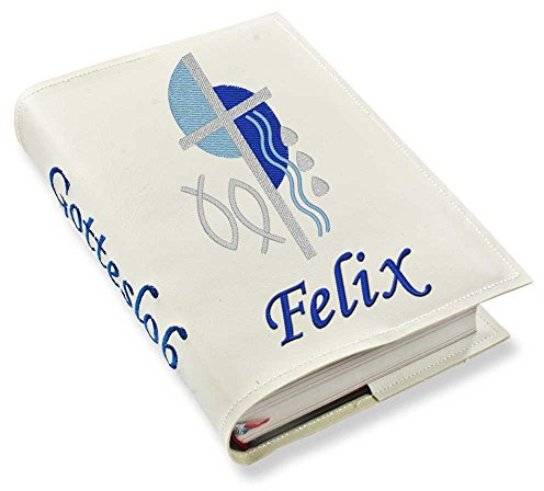 Gotteslob Gotteslobhülle Kreuz 2 blau Kunstleder mit Namen bestickt weiß (weiß)