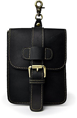 Le'aokuu Herren Echtes Leder Hüfttasche Kleines Matell Haken Hip Gürtel Motorrad Tasche 016 (016 Schwarz)