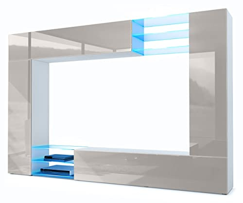 Vladon Wohnwand Mirage, Made in Germany, Anbauwand mit Rückwand mit 2 Türen, 2 Klappen und 6 offenen Glasablagen, Weiß matt/Sandgrau Hochglanz, inkl. LED-Beleuchtung (262 x 183 x 39 cm)
