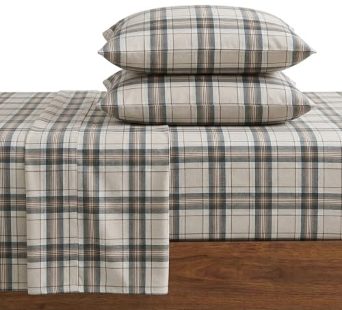 Eddie Bauer - Flannel Sheets Full Size, Anti-Pilling & Wrinkle Resistant Cotton, Touchably Soft for All-Season Comfort - Bed Sheets with Matching Pillowcases & Fitted Sheet (Edgewood Plaid Green)