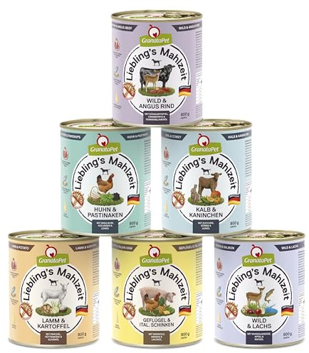 GranataPet Liebling's Mahlzeit Multipack 1, Nassfutter für Hunde im Probierpaket, Alleinfuttermittel ohne Getreide, Hundefutter mit hohem Fleischanteil & hochwertigen Ölen, 6 x 800 g